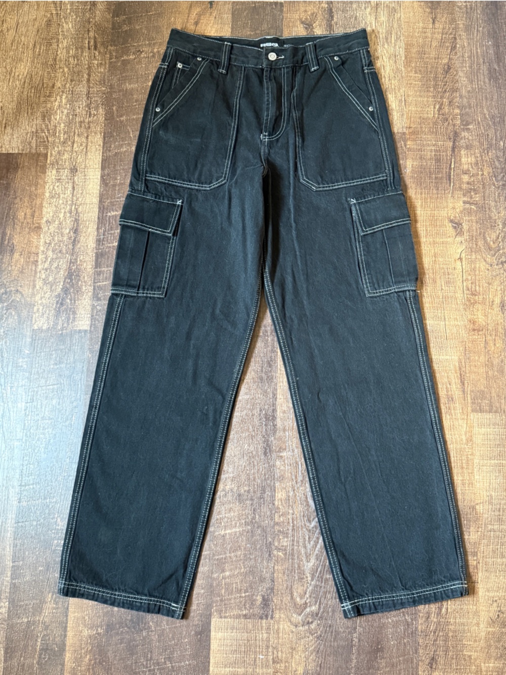 RSQ Tilly’s Men's Black Cargo Pants - contrast black with white stitching.